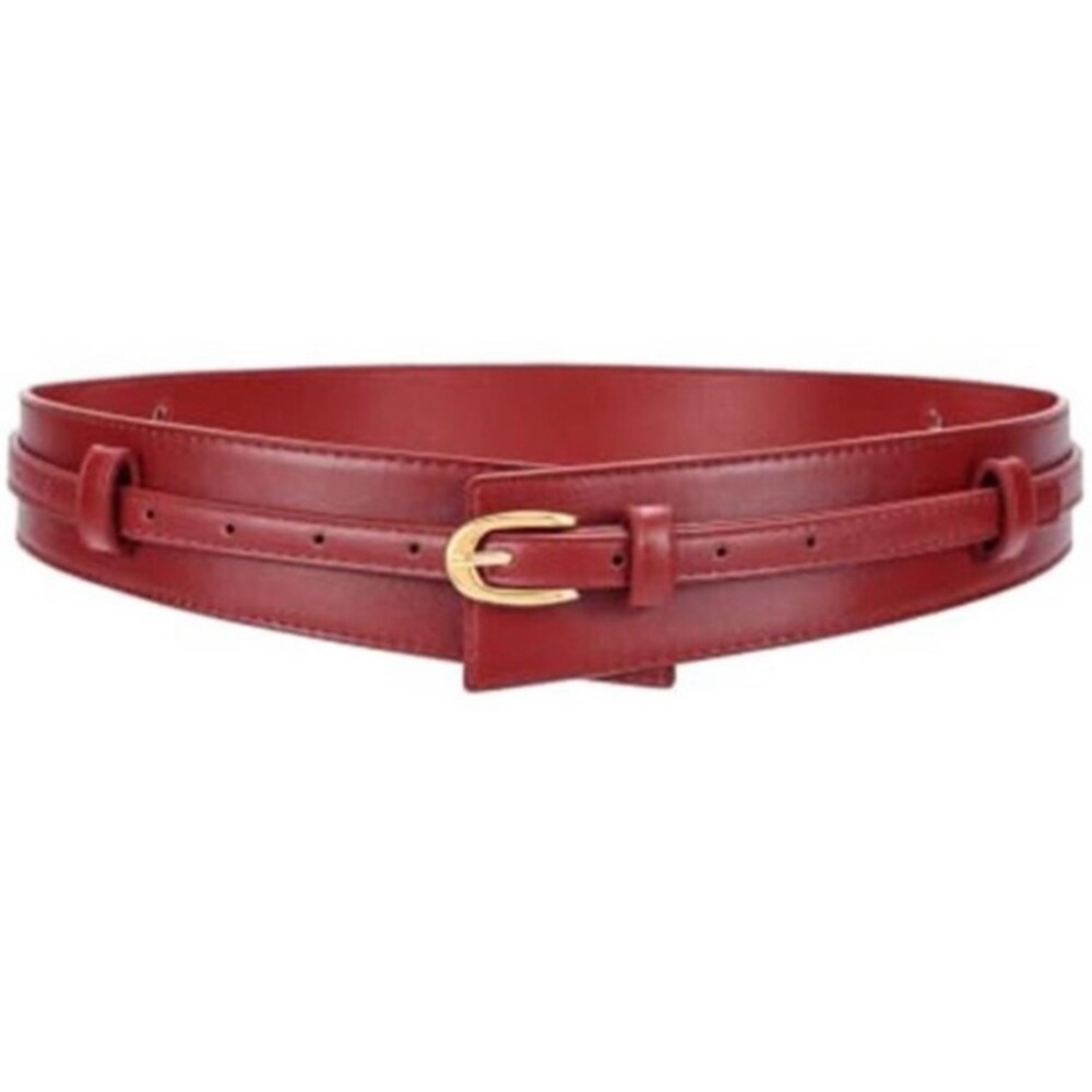 Red Vegan Leather 2-in-1 Wide Waist Belt Gold Tone Buckle Dress Belt